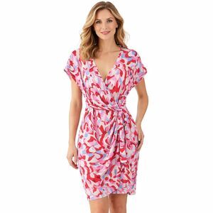 Maggy London Dress Womens 12 Multicolor V Neck Wrap Belted Knee Length Jersey